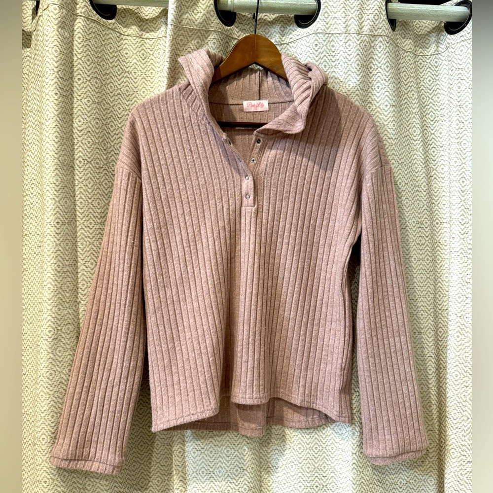 Hooded Rose Pink Ribbed Sweater